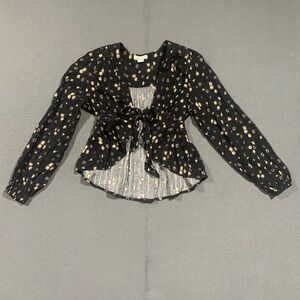 American Eagle Black Floral Tie Front Peplum Blouse Long Sleeve Small Boho Top‎